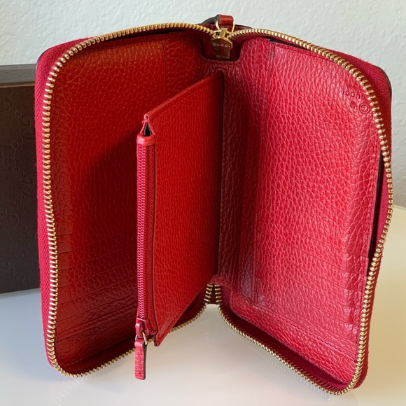Authentic Gucci Wallet Zip Red Pebbled Leather GG - Picture 3 of 13